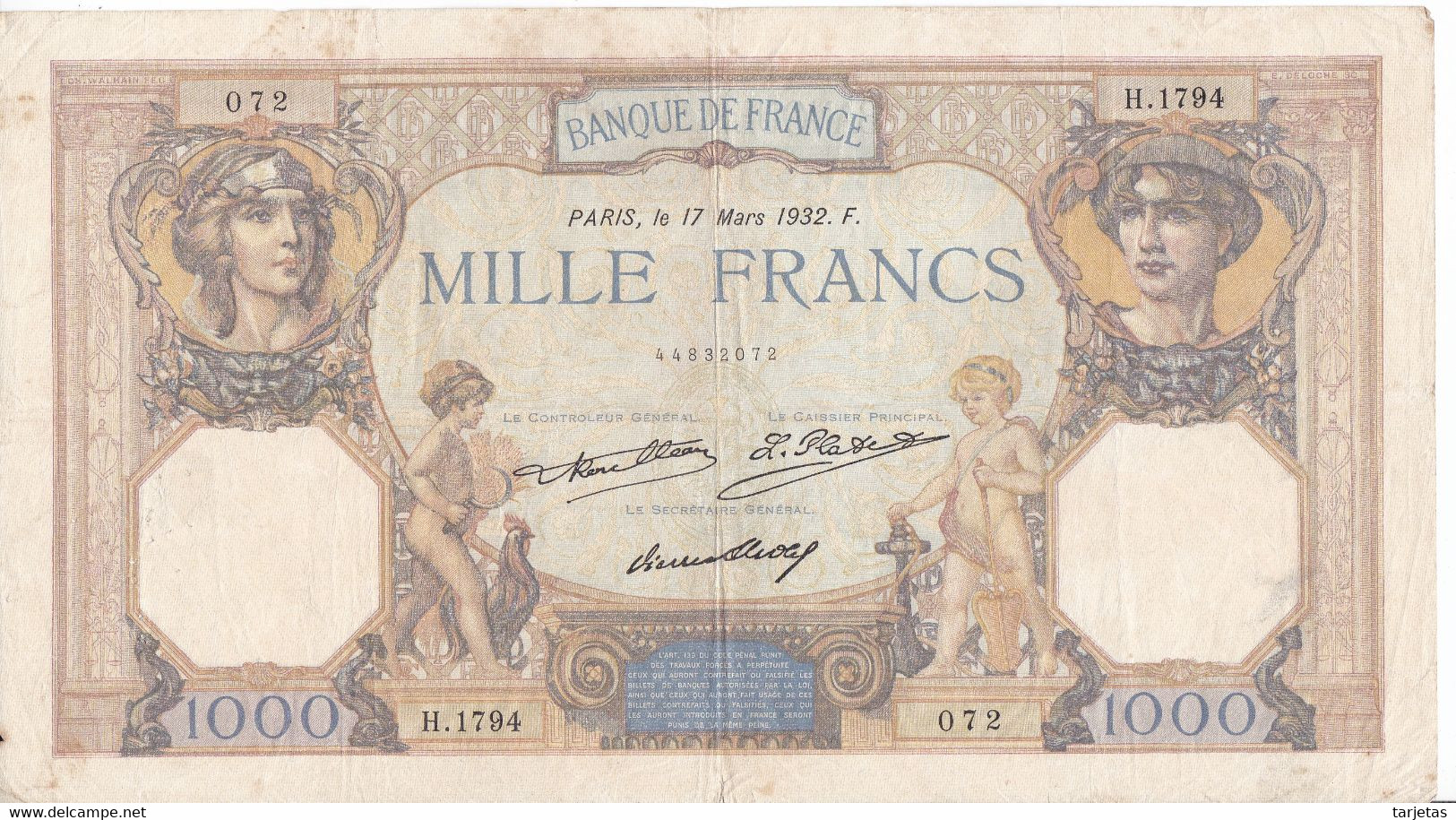 BILLETE DE FRANCIA DE 1000 FRANCS DEL 17-3-1932  (BANKNOTE) CERES E MERCURE - 1 000 F 1927-1940 ''Cérès E Mercure''