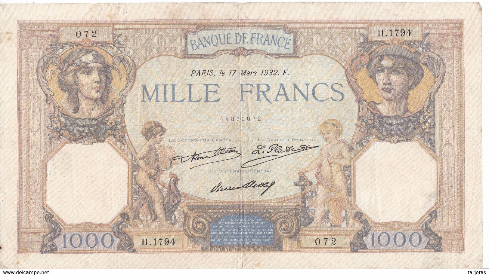 BILLETE DE FRANCIA DE 1000 FRANCS DEL 17-3-1932  (BANKNOTE) CERES E MERCURE - 1 000 F 1927-1940 ''Cérès Et Mercure''