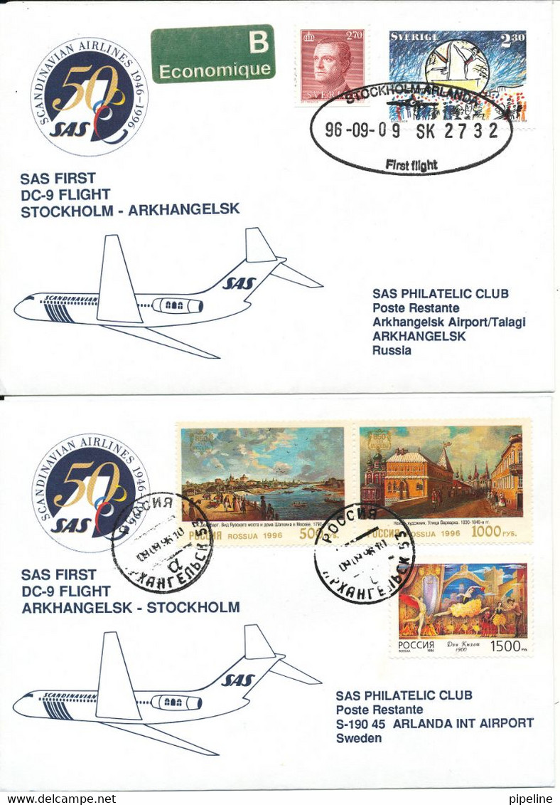 Sweden - Russia SAS First DC-9 Flight Stockholm - Arkhangelsk And Return 9-9-1996 2 Covers - Lettres & Documents
