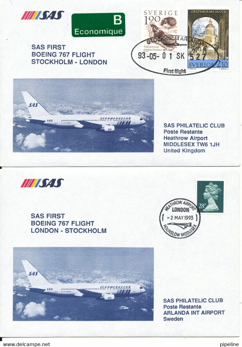 Sweden - United Kingdom SAS First Boeing 767 Flight Stockholm - London 1-5-1993 And Return 2-5-1993 2 Covers - Covers & Documents