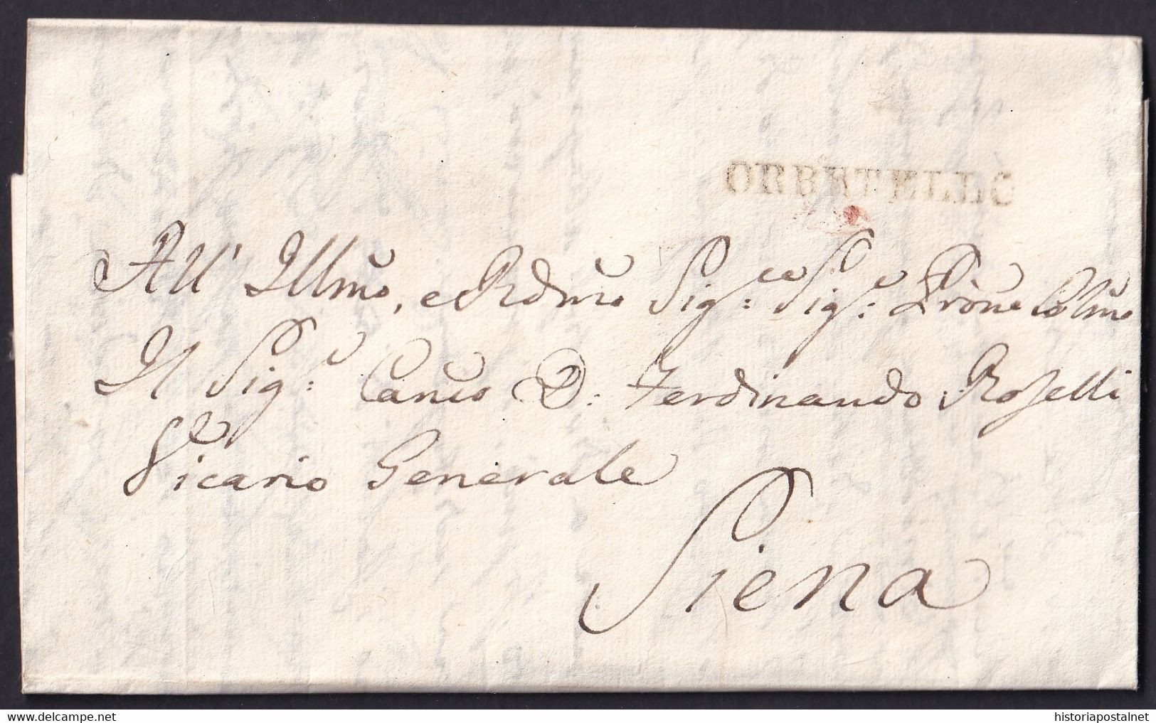 1842. ORBETELLO A SIENA. AL VICARIO GENERAL. FRANQUICIA. FECHADOR LLEGADA DORSO. MARCA ORBETELLO LINEAL. MUY BONITA - 1. ...-1850 Prefilatelia