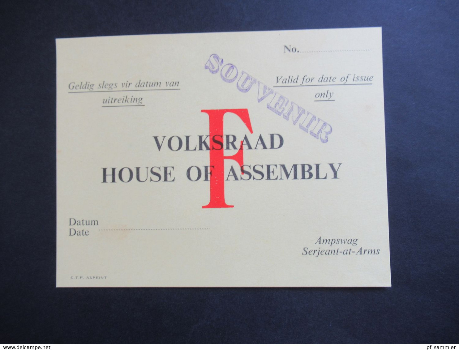 RSA / Süd -Afrika 1970er / 80er Jahre Besucher Ausweis / Eintrittskarte Volksraad House Of Assembly Cape Town / Kapstadt - Eintrittskarten