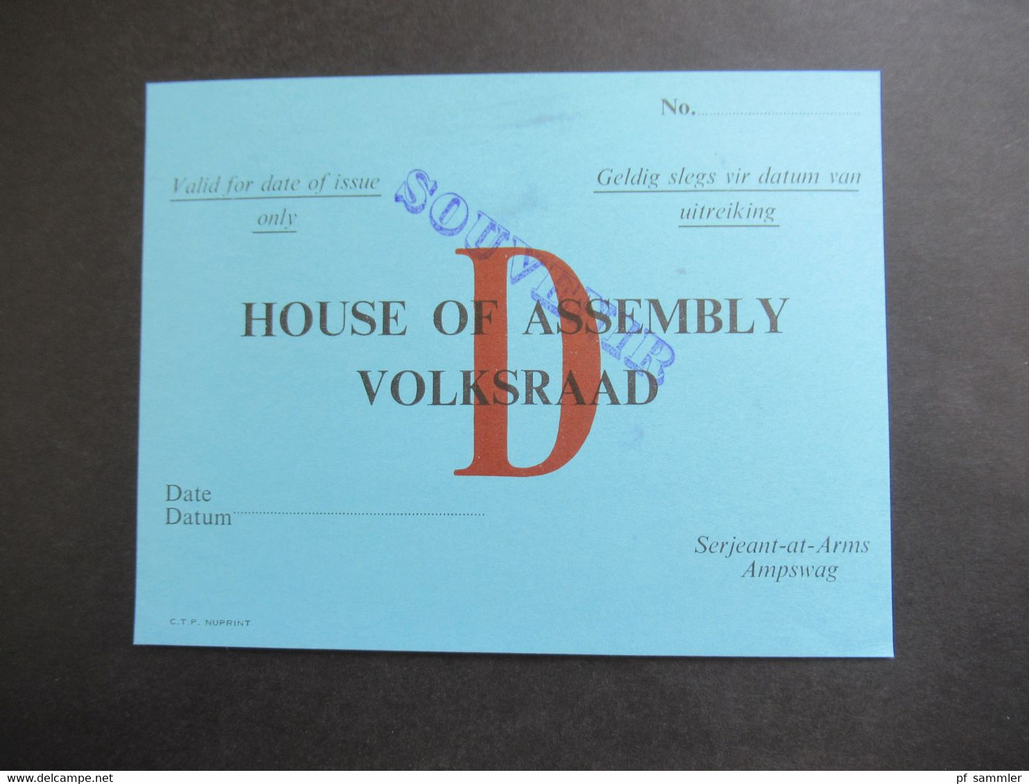 RSA / Süd -Afrika 1970er / 80er Jahre Besucher Ausweis / Eintrittskarte Volksraad House Of Assembly Cape Town / Kapstadt - Tickets D'entrée
