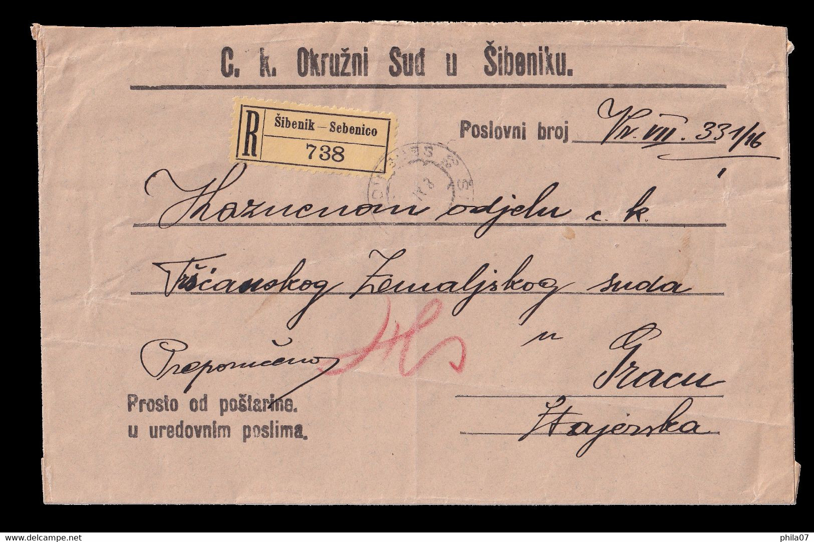 Austria, Croatia - Official Letter Sent By Registered Mail From Šibenik To Graz, Visible Trace Of Vertical Bending. - Briefe U. Dokumente