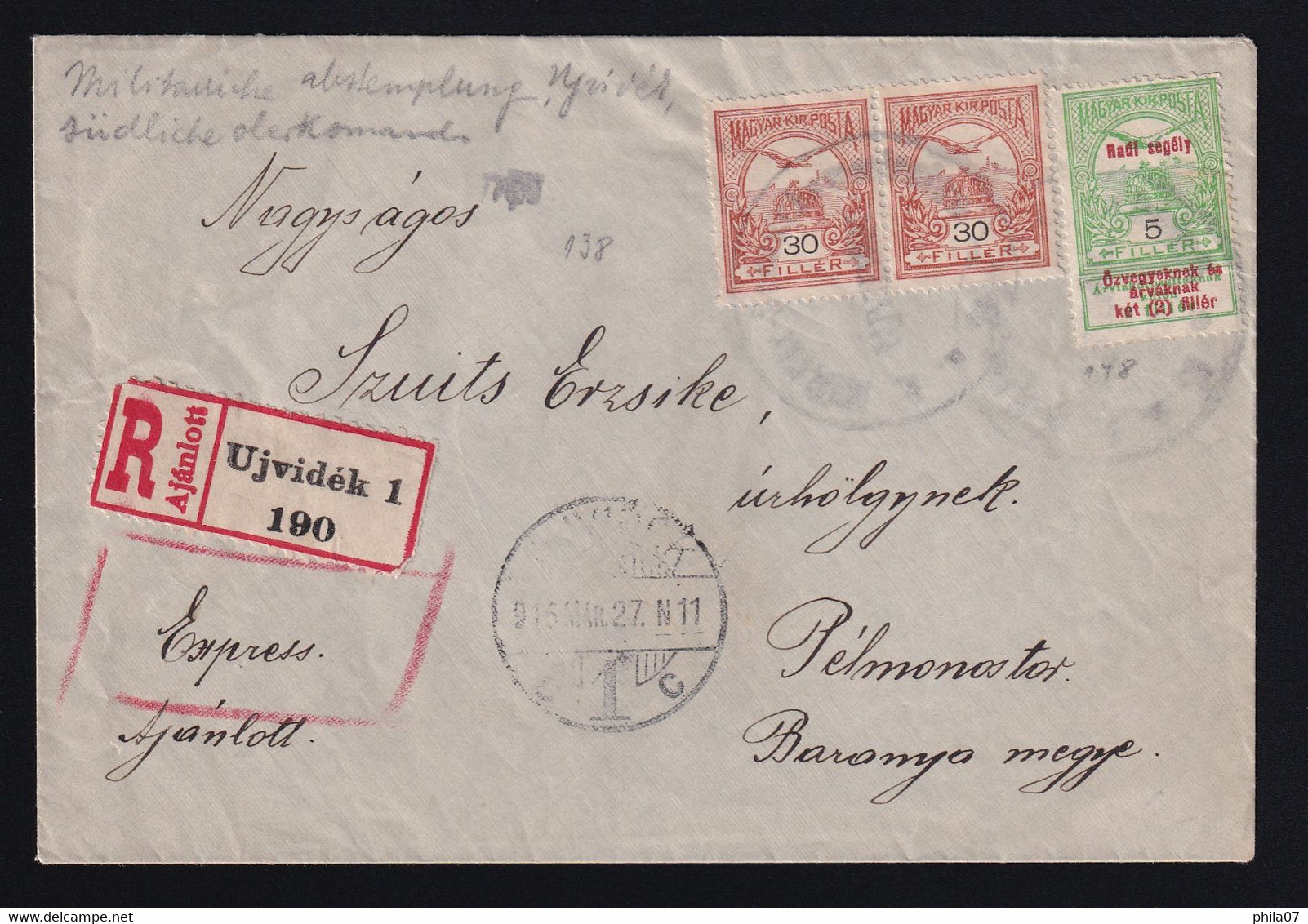 Hungary, Croatia - Letter Sent By Registered And Express Mail From Novi Sad To Beli Manastir (Pelmonostor) 27.03. 1915. - Cartas & Documentos