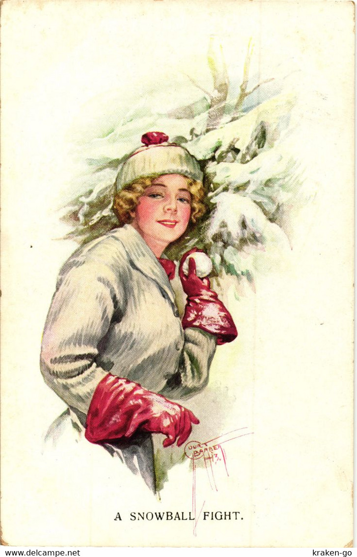 CPA - Art Deco - C. BARBER - Donna, Femme, Woman - Moda, Mode, Fashion - A Snowball Fight - VG - L433 - Barber, Court