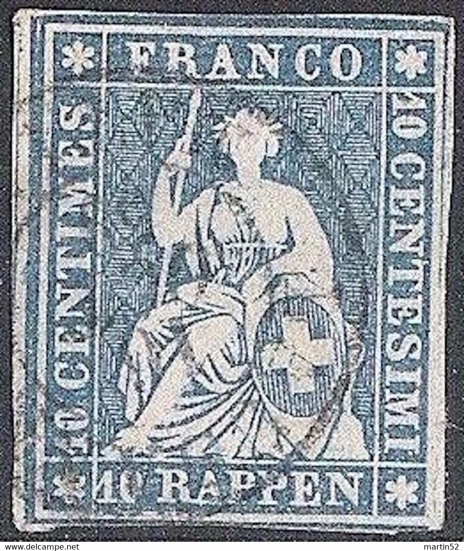 Schweiz Suisse 1859: III.Periode Faden Grün Fil Vert 10 RAPPEN Zu 23Gb Mi 14IIBym Yv 27 LAUSANNE 16 OCT 59(Zu CHF 30.00) - Gebraucht