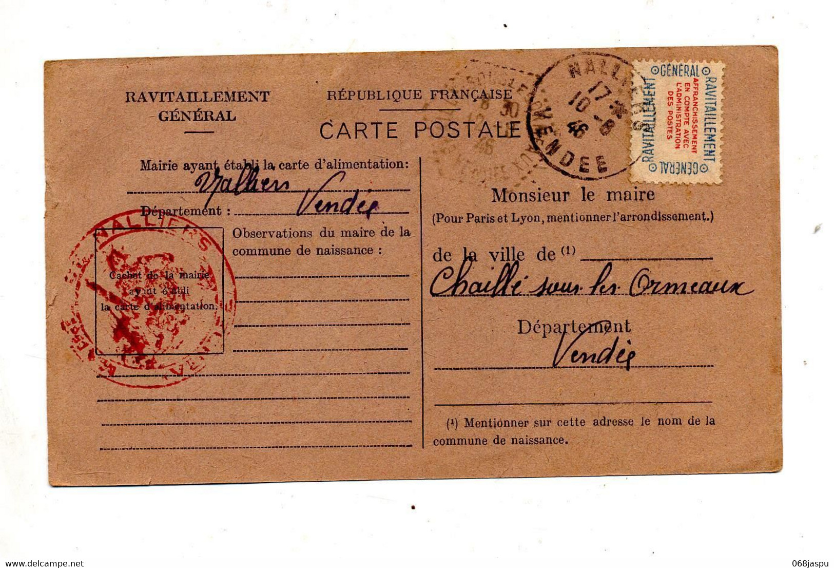 Carte Postale De Ravitaillement Cachet Nalliers Vendee 1946 - Otros & Sin Clasificación