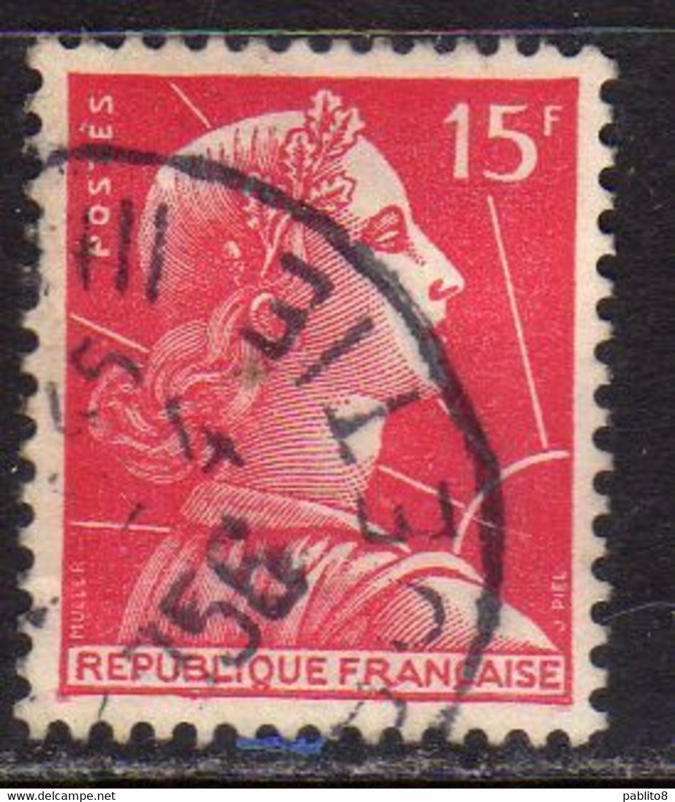 FRANCE FRANCIA 1955 1959 MARIANNE MARIANNA ALLA NEF 15f USATO USED OBLITERE' - 1959-1960 Marianne (am Bug)