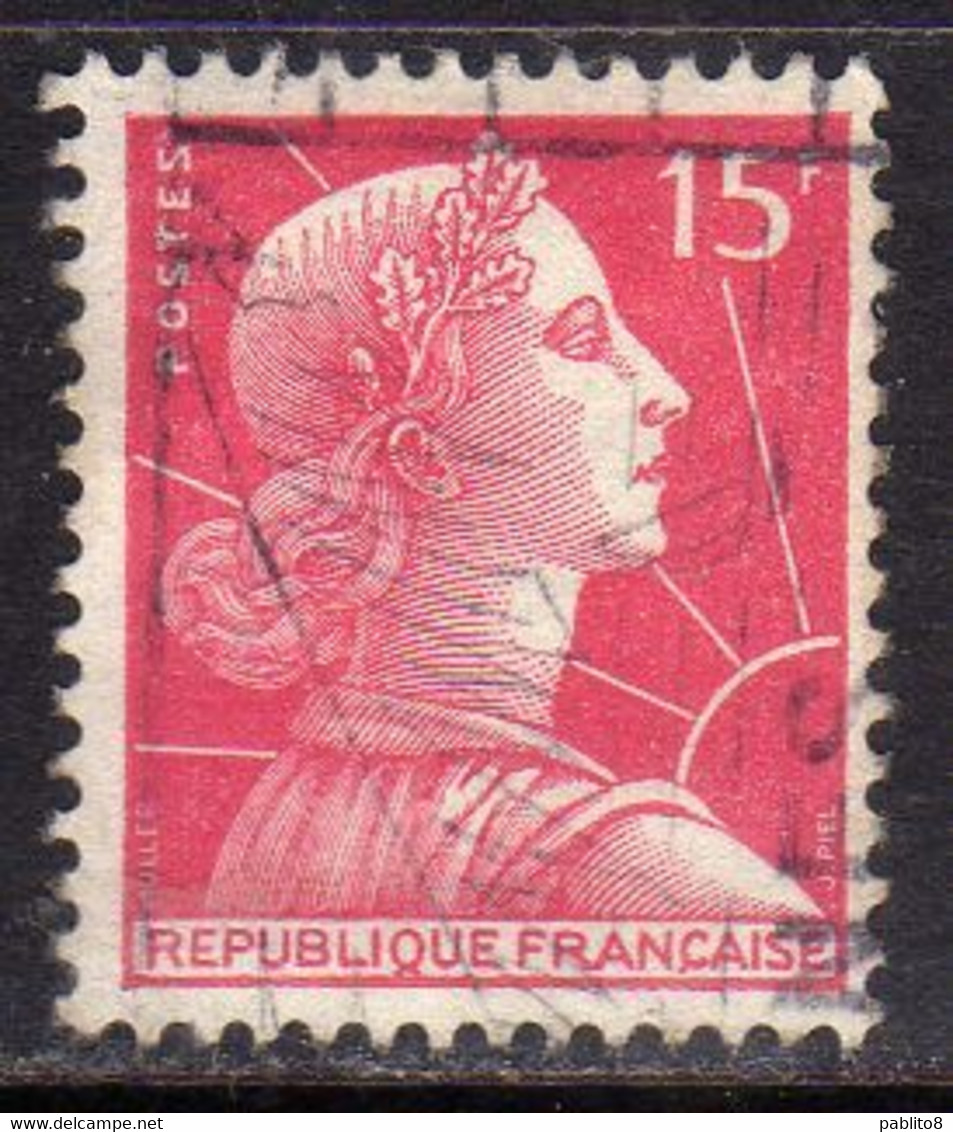 FRANCE FRANCIA 1955 1959 MARIANNE MARIANNA ALLA NEF 15f USATO USED OBLITERE' - 1959-1960 Marianne (am Bug)