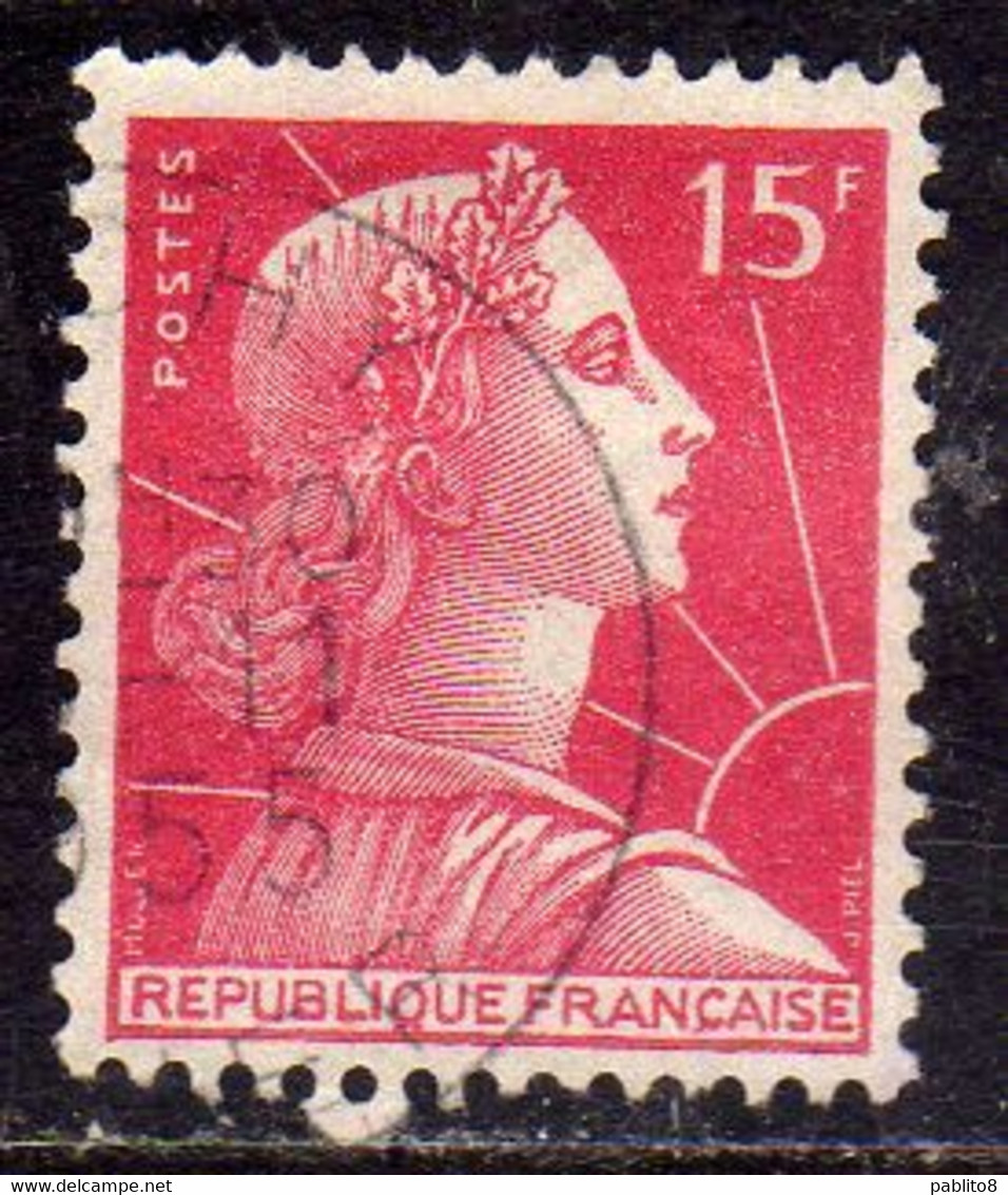 FRANCE FRANCIA 1955 1959 MARIANNE MARIANNA ALLA NEF 15f USATO USED OBLITERE' - 1959-1960 Marianna Alla Nef