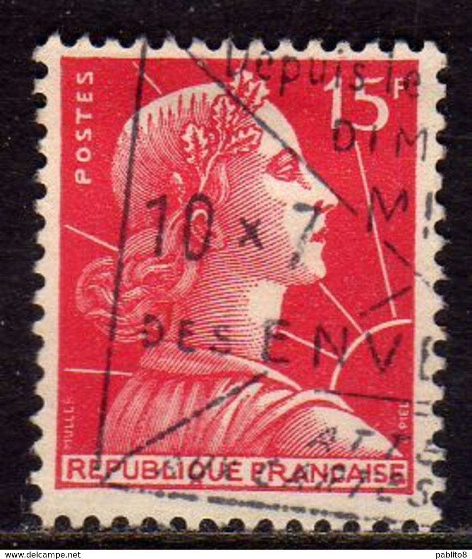 FRANCE FRANCIA 1955 1959 MARIANNE MARIANNA ALLA NEF 15f USATO USED OBLITERE' - 1959-1960 Marianne (am Bug)