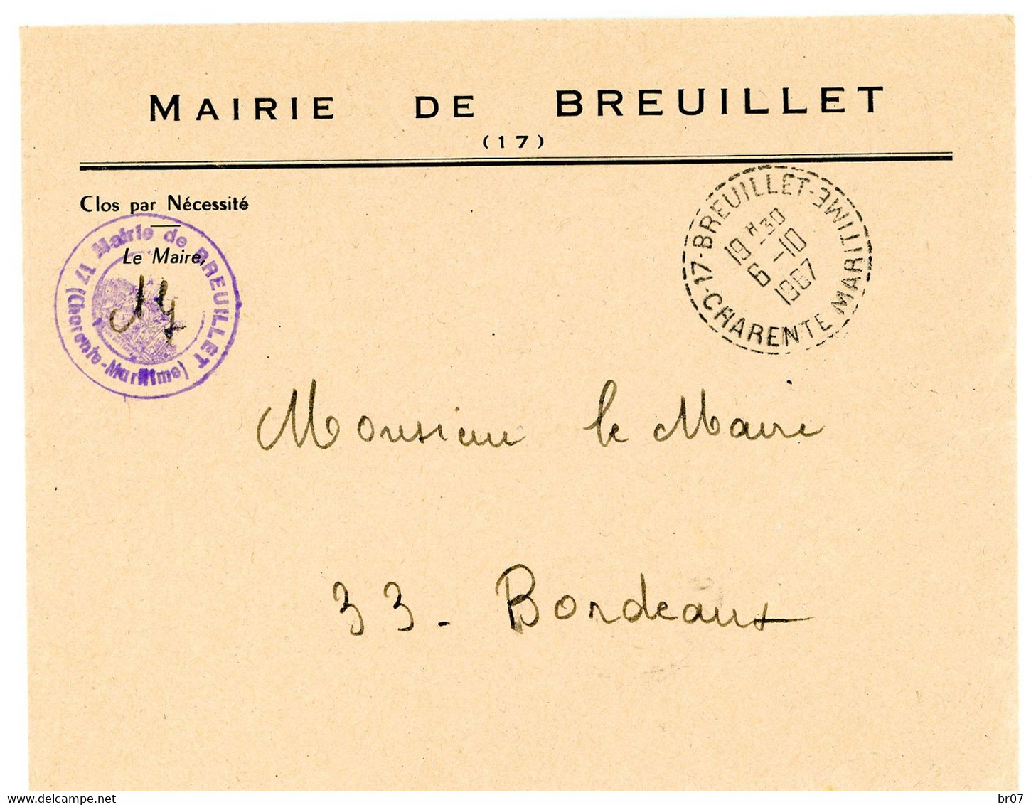 CHARENTE INFERIEURE ENV 1967 BREUILLET RECETTE DISTRIBUTION AVEC N° DEPARTEMENT DUREE MOINS DE 2 ANS - 1961-....