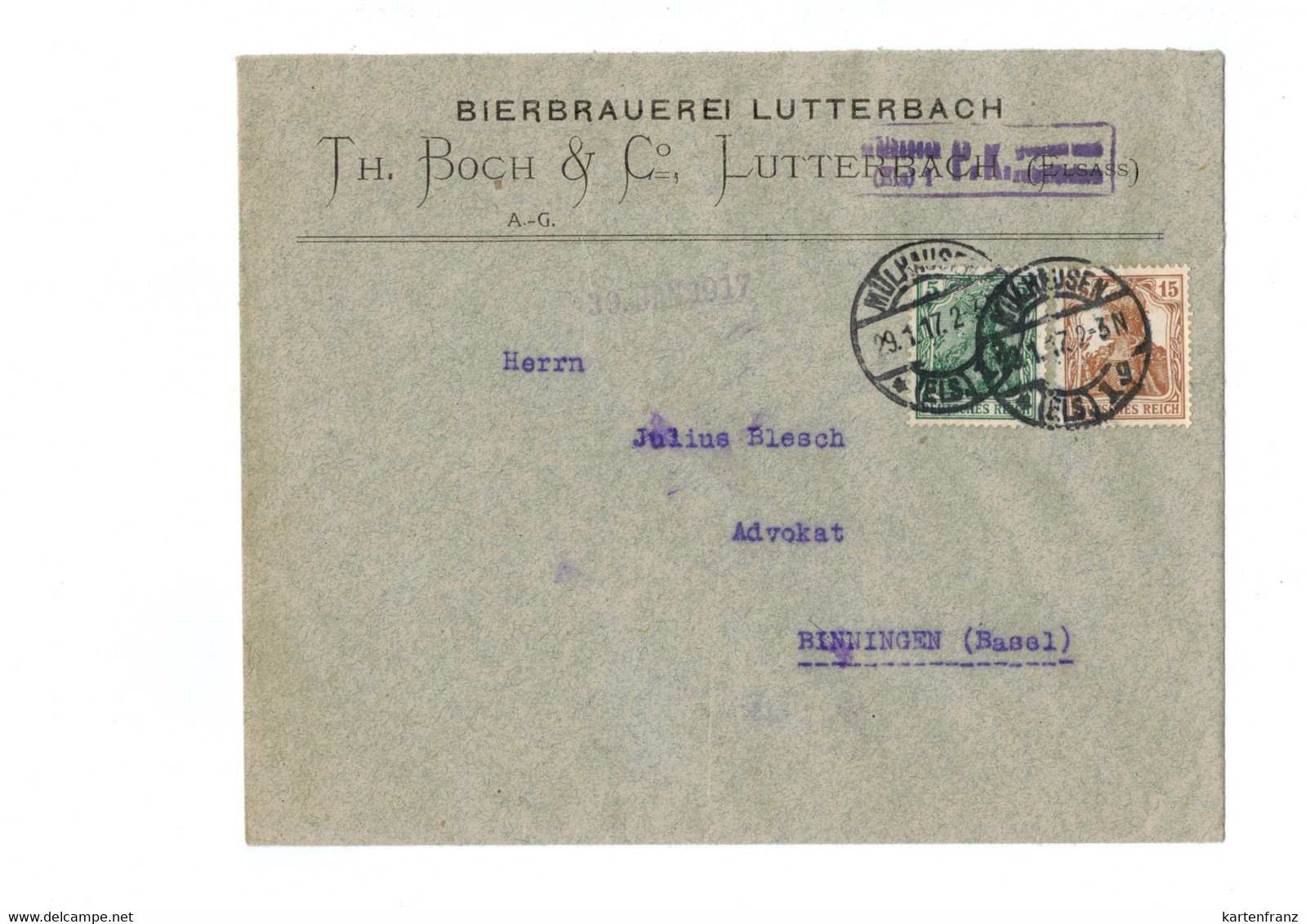 DR Brief Mülhausen Elsaß Nach Binningen Schweiz - O 1917 - Th. Boch & Co. Bier Brauerei Lutterbach - 1.WK Zensur - Otros & Sin Clasificación