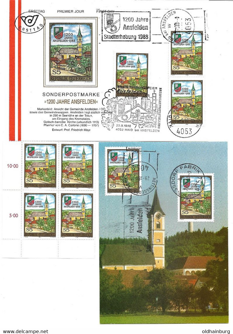 1453d: Heimatsammler 4052 Ansfelden, 4053 Haid, 4054 Nettigsdorf, Stempelkombi, Maxikarte Plus ** Viererblock - Traun