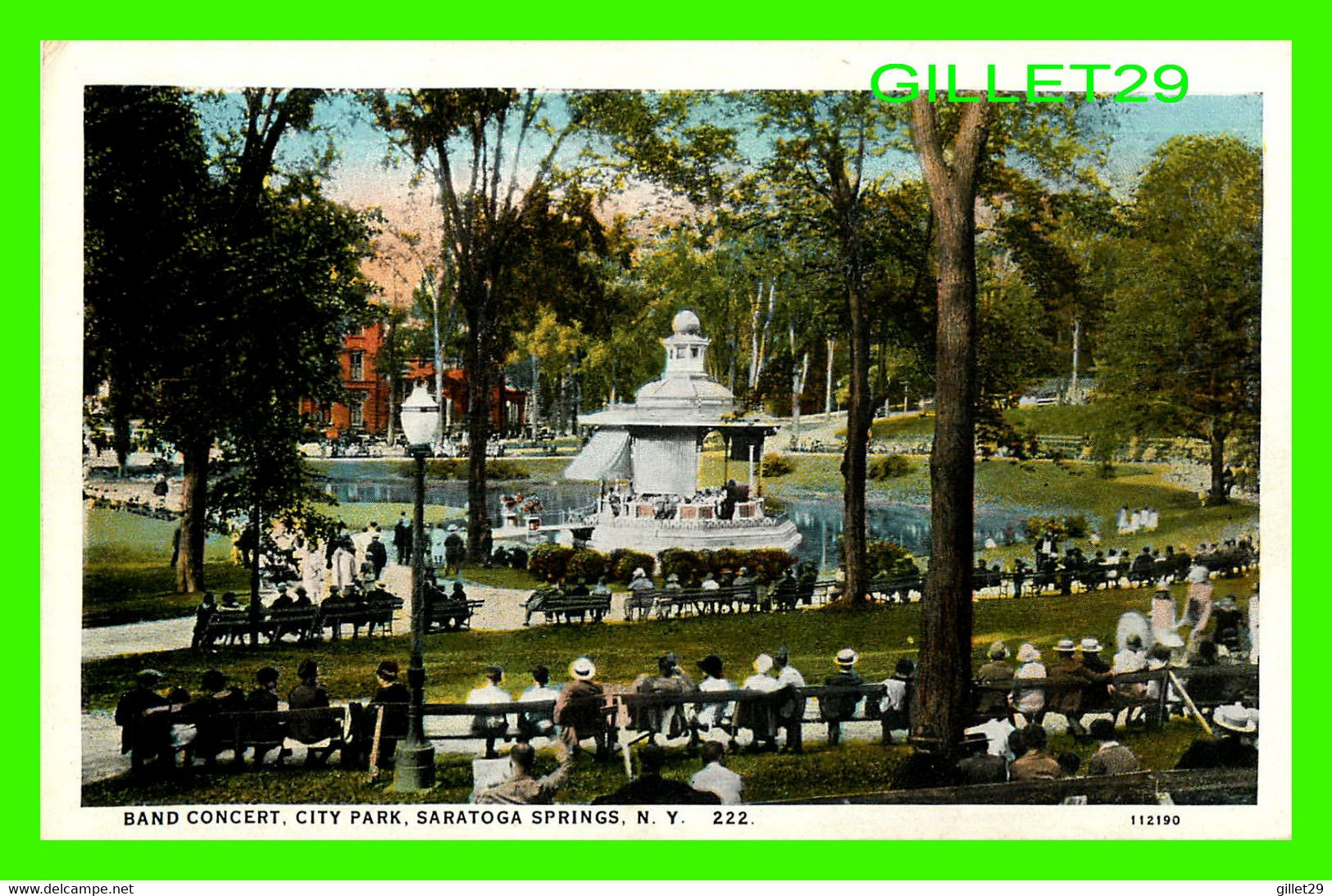 SARATOGA SPRINGS, NY - BAND CONCERT, CITY PARK - WELL ANIMATED WITH PEOPLES - C.T. AMERICAN ART COLORED - - Saratoga Springs