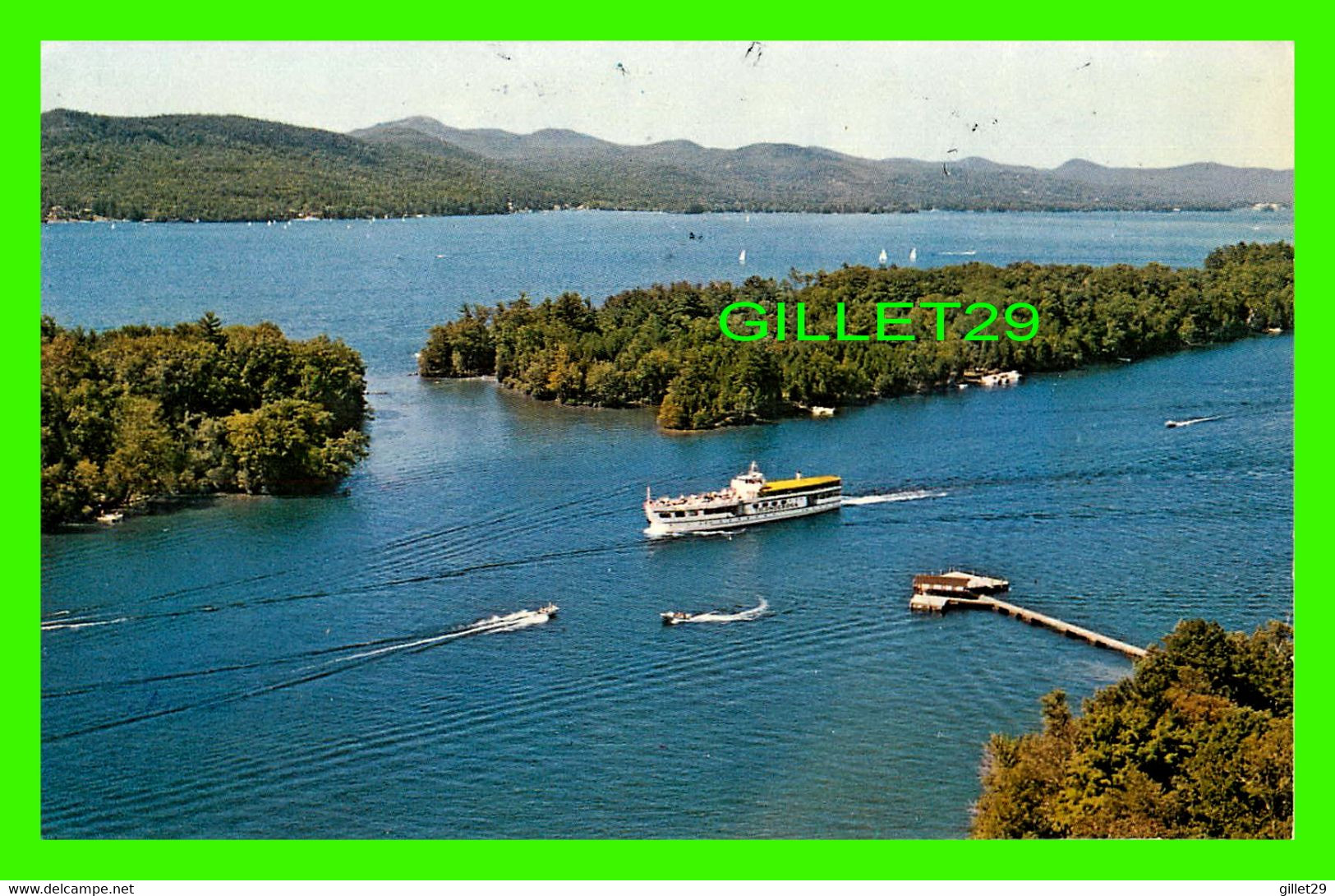 LAKE GEORGE, NY - LAKE GEORGES ISLANDS - ANIMATED WITH BOATS - TRAVEL -  PUB. BY DEAN COLER - - Lake George