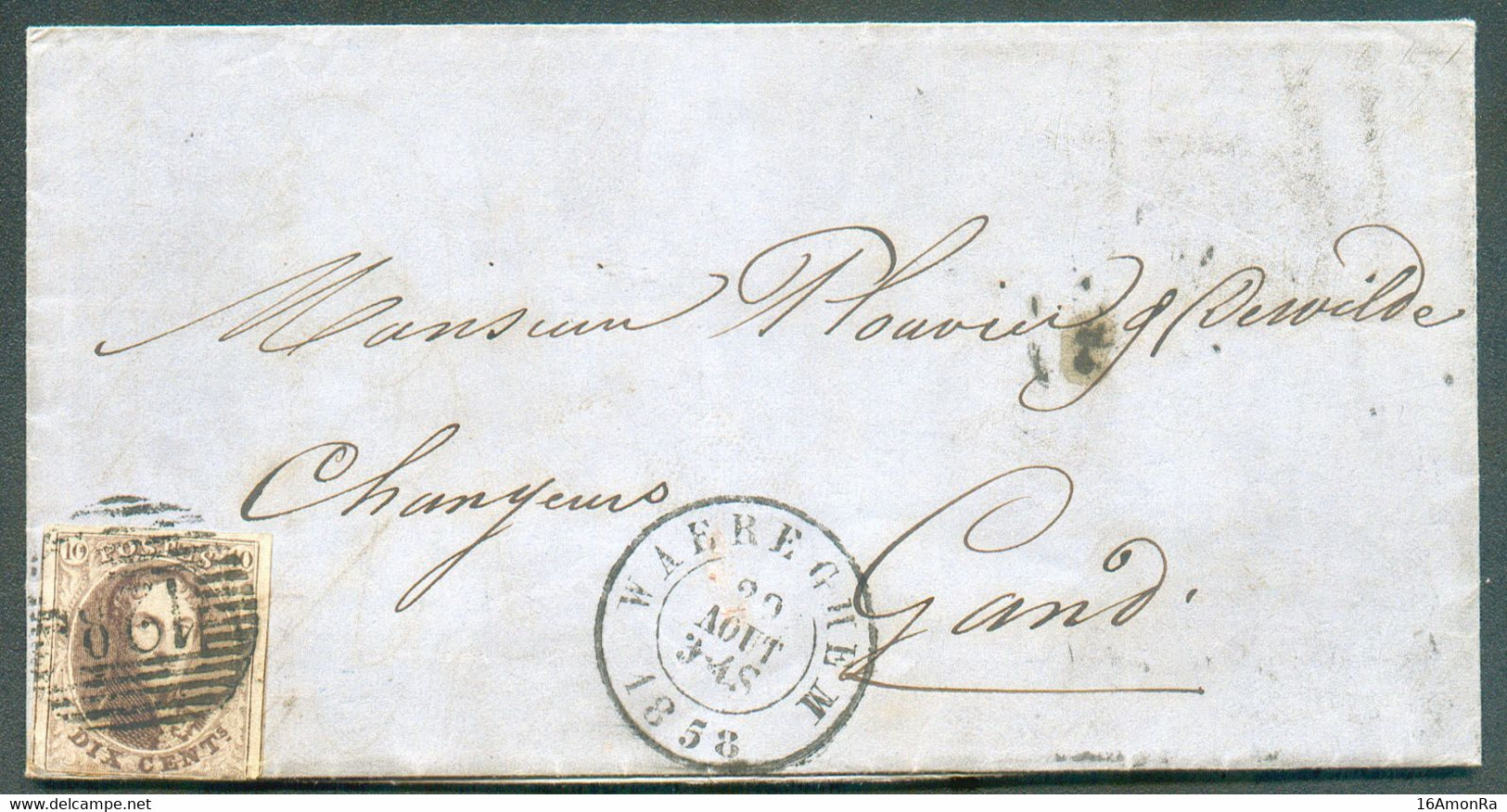 N°10A - Médaillon 10 Centimes Brun, Voisins, Obl. P.128 Sur Lettre De WAEREGHEM Le 29 Août 1858 Vers Gand.  Belles Frapp - 1858-1862 Medaillons (9/12)