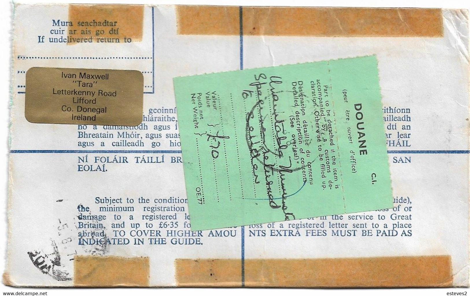 Ireland , Eire ,   1977 , Stationery 33 ,  Registration Label Leifear , Ivan Maxwell Label , Customs Label - Postal Stationery