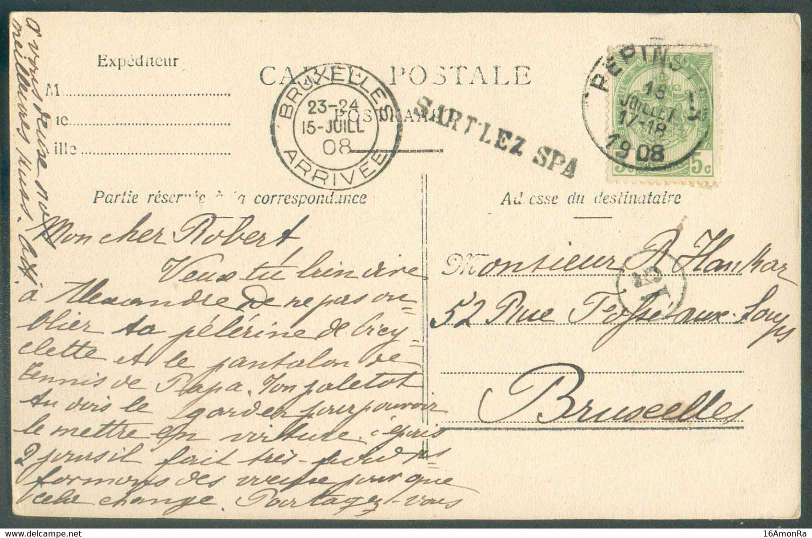 N°83 - 5 Centimes Obl. Sc PEPINSTER sur C.P. Du 18 Juillet 1908 + Griffe SART LEZ SPA vers Bruxelles.  Rare - 18068 - Sello Lineal