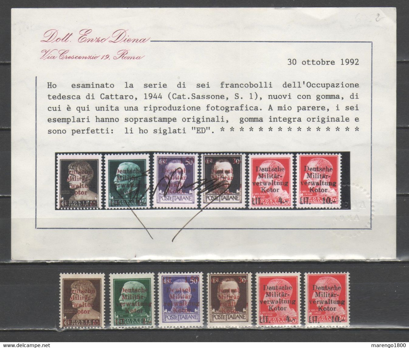 Cattaro - Occupazione Tedesca 1944 - Imperiale Soprastampata ** - Certificati Diena         (g7665) - Ocu. Alemana: Cattaro