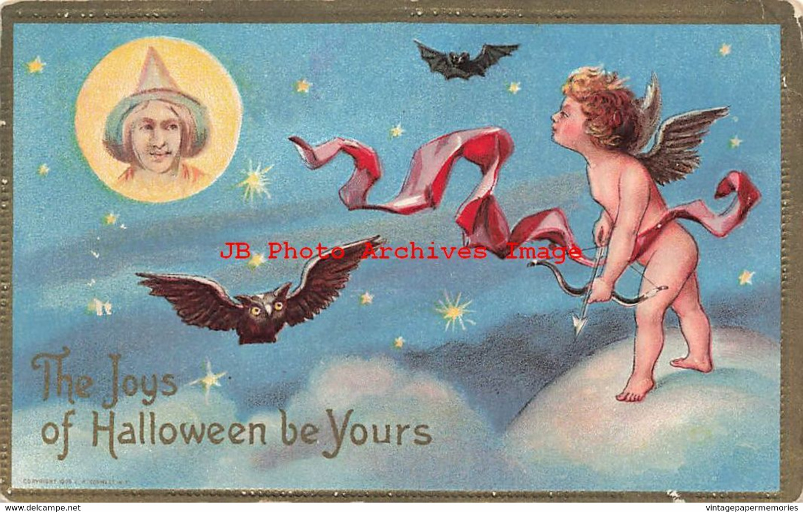 325369-Halloween, LR Conwell No 246, Cupid Gazing At Full Moon With Witch Face, Owl, Bat - Halloween