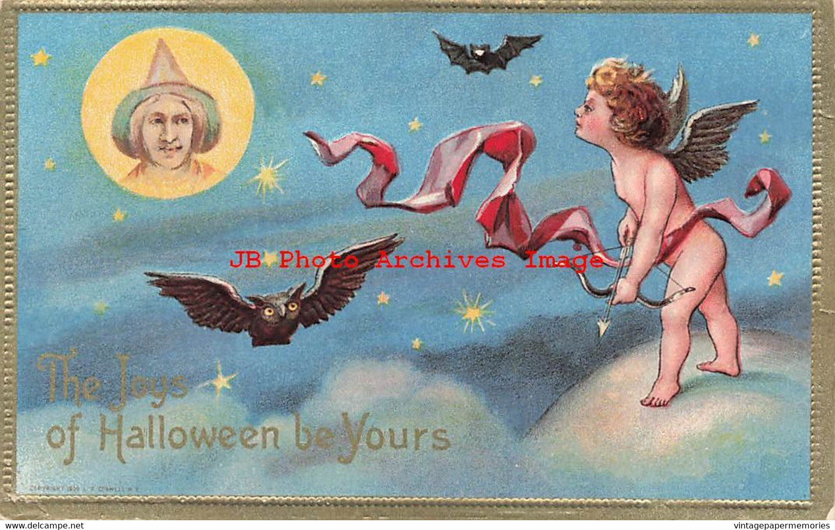 325371-Halloween, LR Conwell No 246, Cupid Gazing At Full Moon With Witch Face, Owl, Bat - Halloween