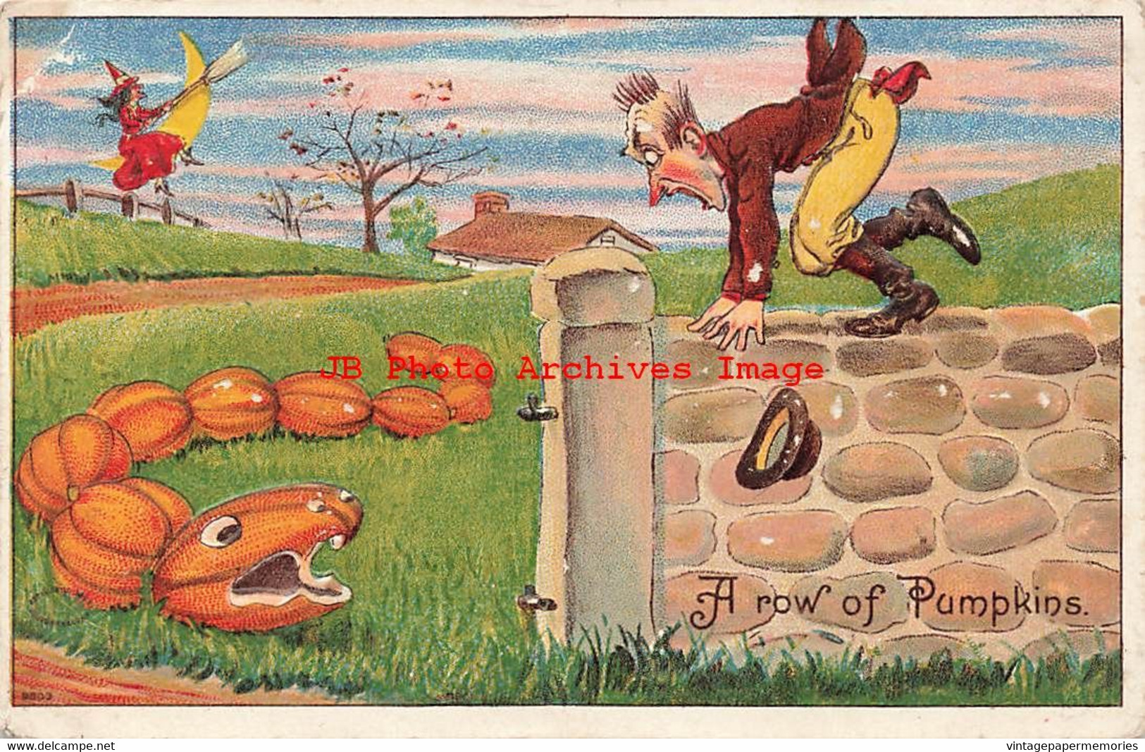 325417-Halloween, Julius Bien No 9803, A Row Of Pumpkins, Frightened Man On Stone Wall - Halloween