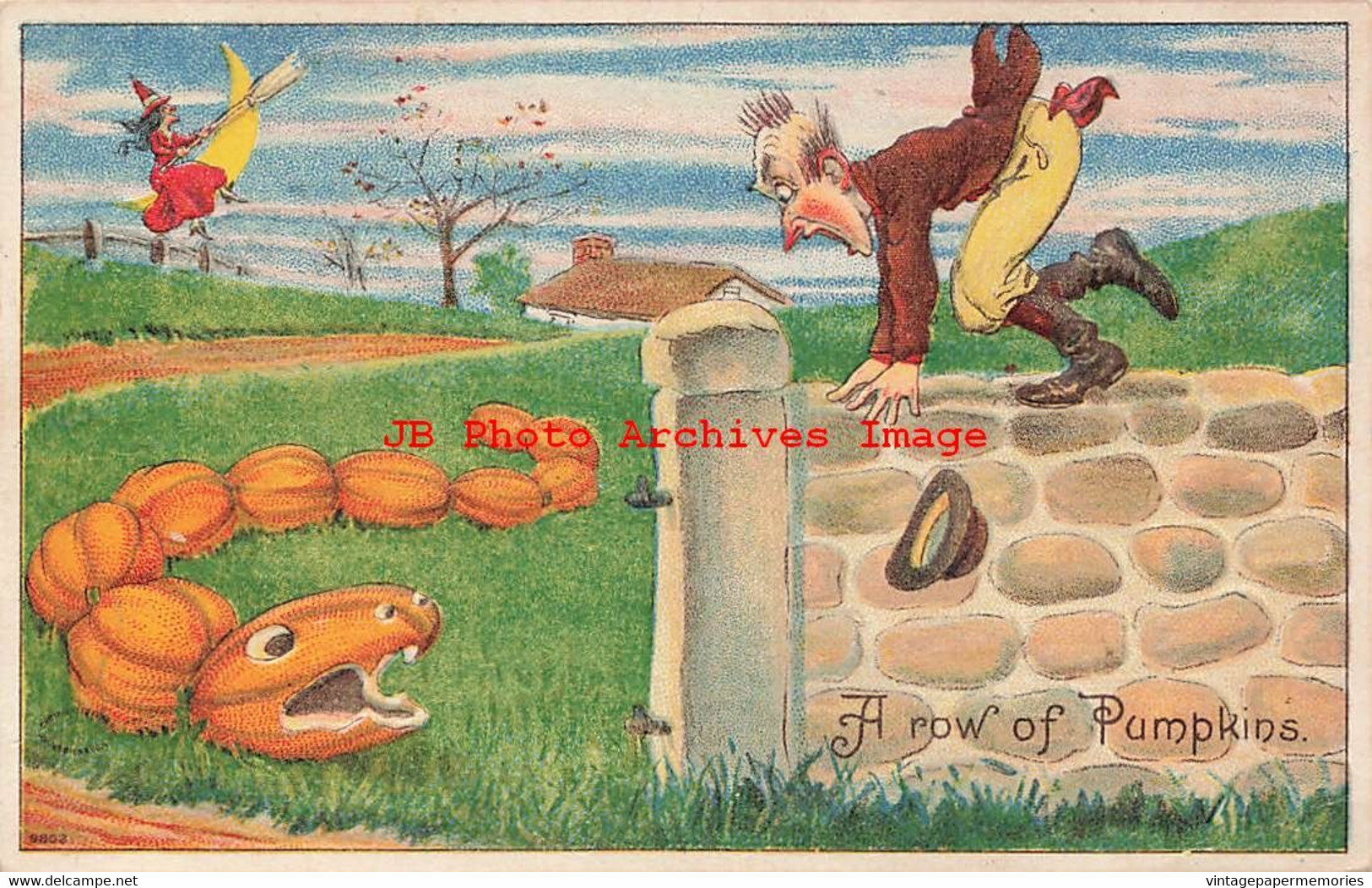 325421-Halloween, Julius Bien No 9803, A Row Of Pumpkins, Frightened Man On Stone Wall - Halloween