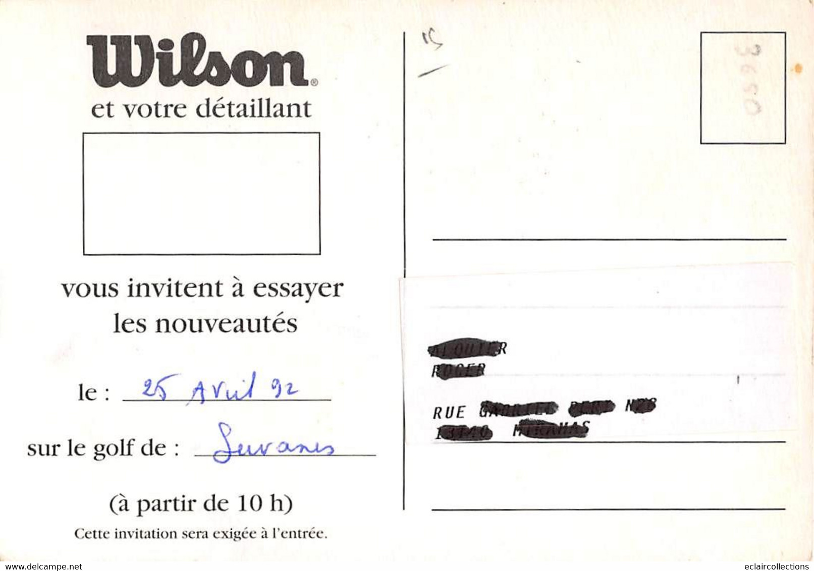 Sport:   Golf           Journée D'essai Wilson 1992  ..     (voir Scan) - Golf