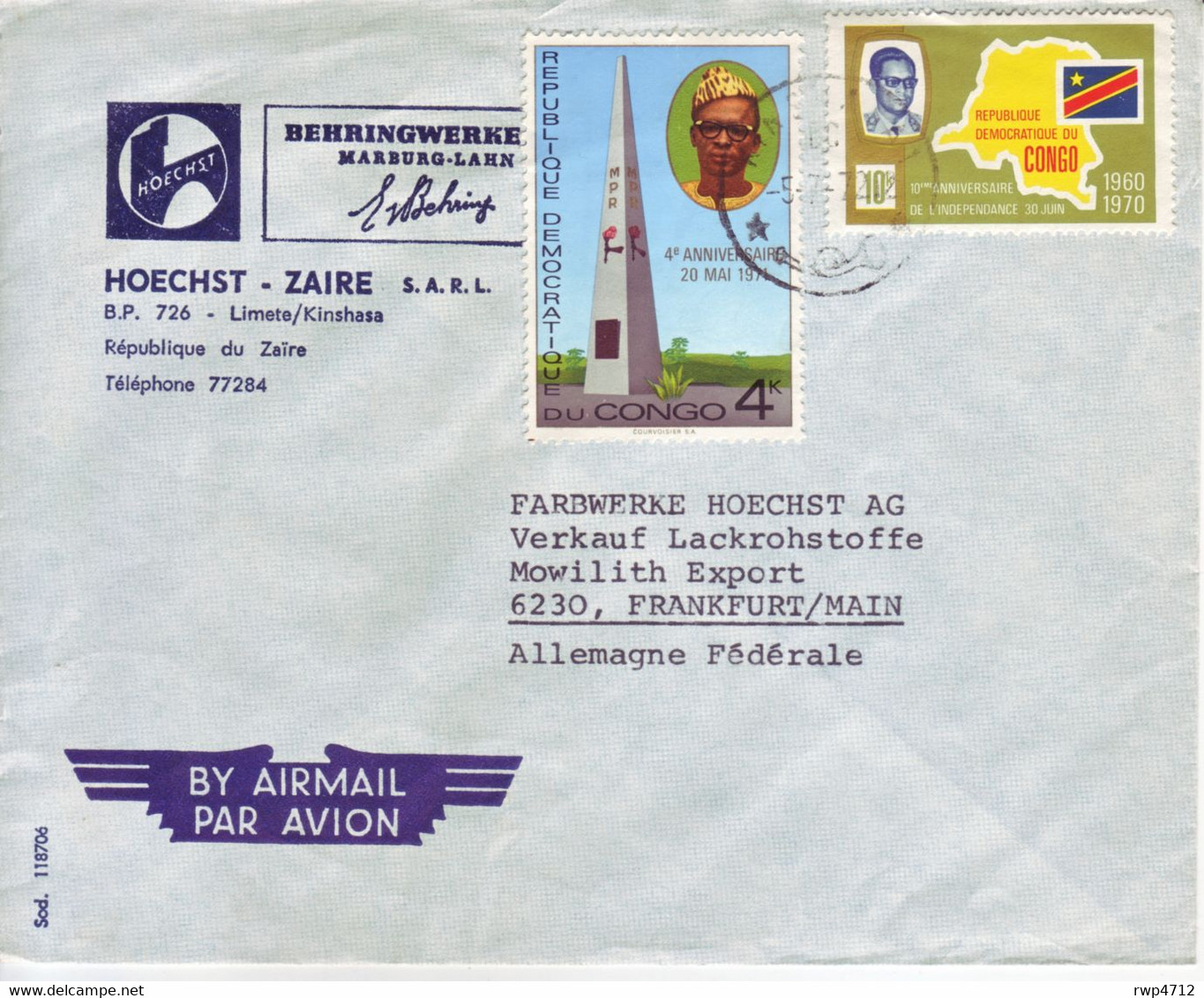 KONGO-KINSHASA  Luftpostbrief  Airmail Cover Lettre 1972 To Germany - Covers & Documents