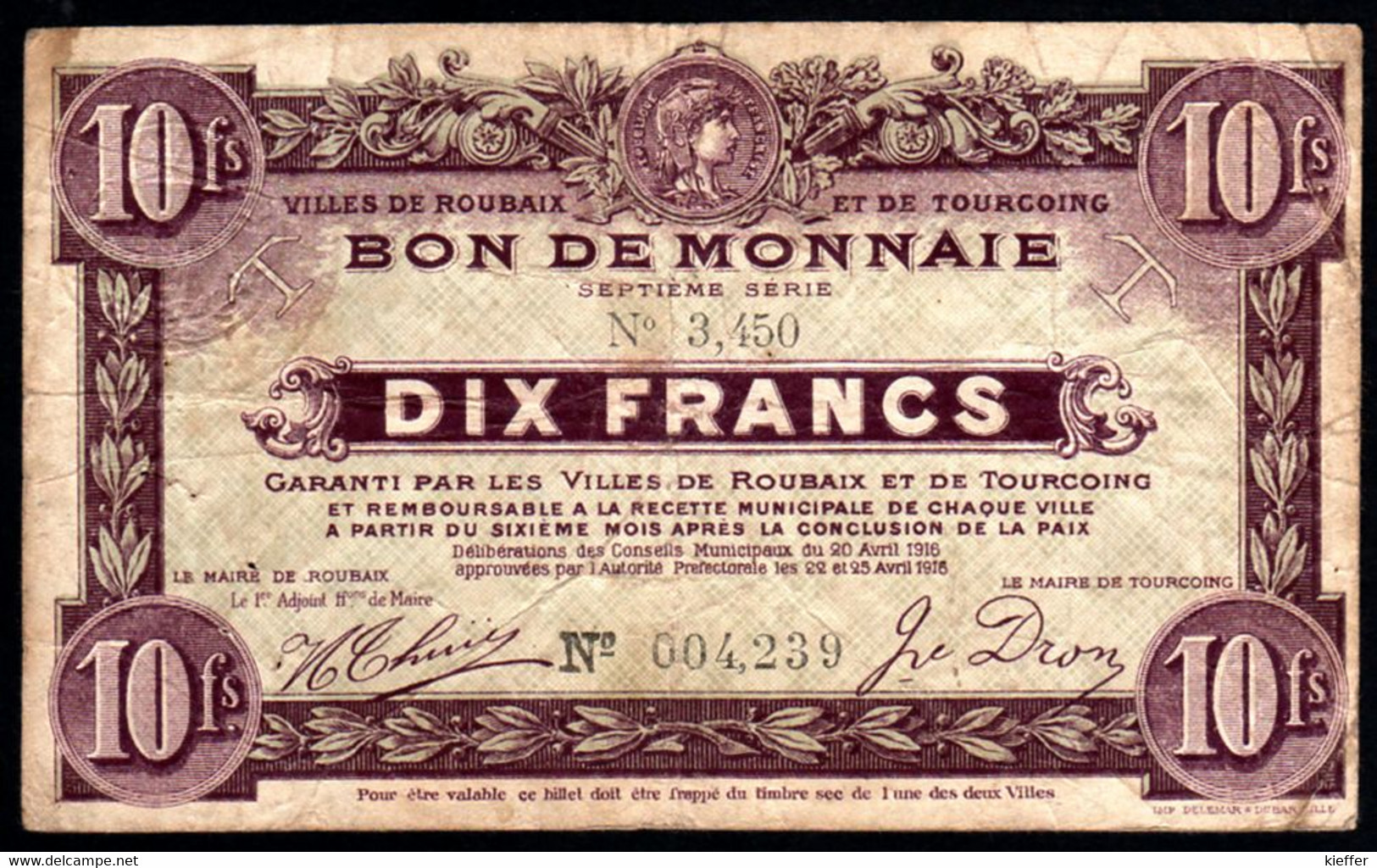 Bon De Monnaie  ROUBAIX-TOURCOING - 10F -  1916 - TTB - Bonds & Basic Needs