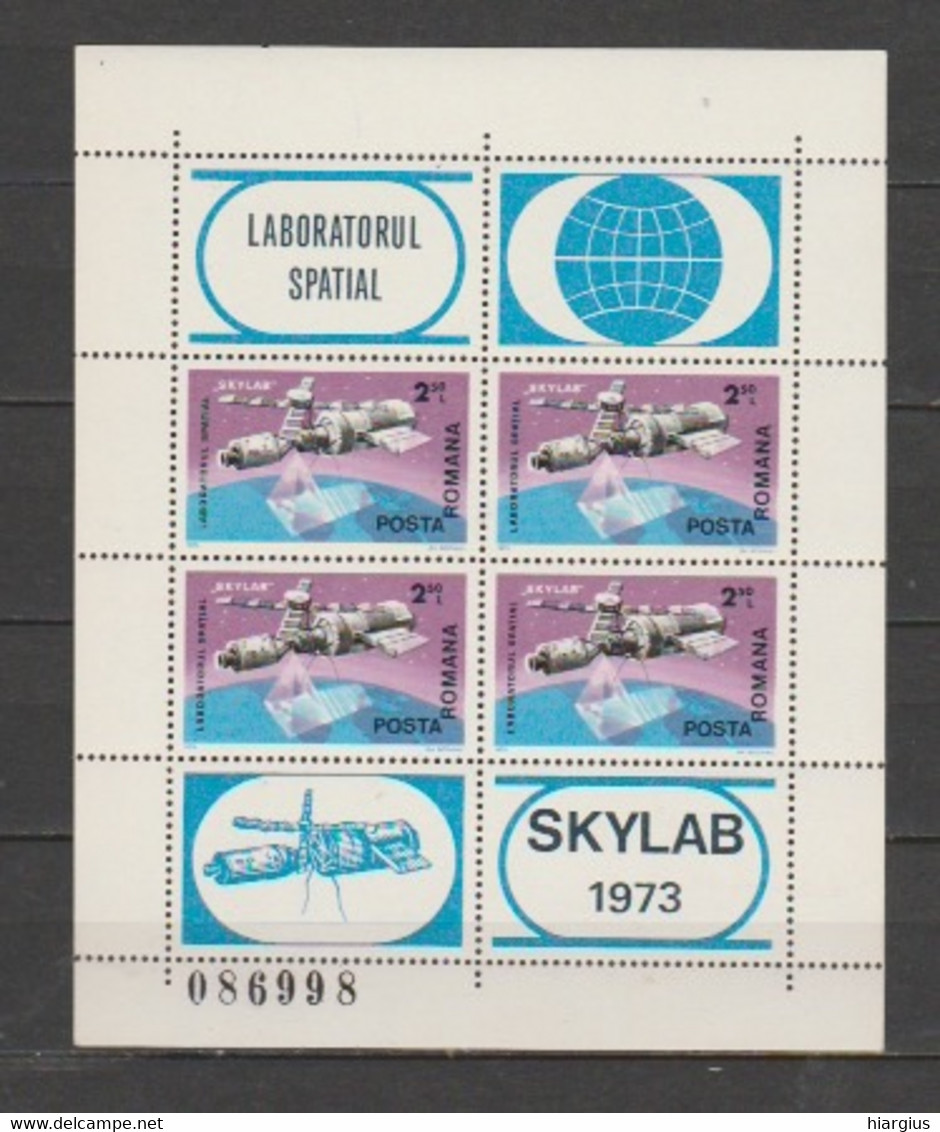 ROMANIA-Scott # 2528-Sheet Of 4 Stamps With Labels-"SKYLAB 1973". - Amérique Du Nord