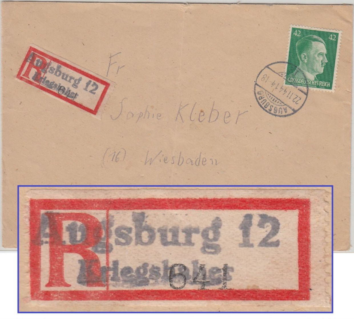 DR - Augsburg 12 Kriegshaber 42 Pfg. AH Einschreibebrief N. Wiesbaden 1944 - Briefe U. Dokumente