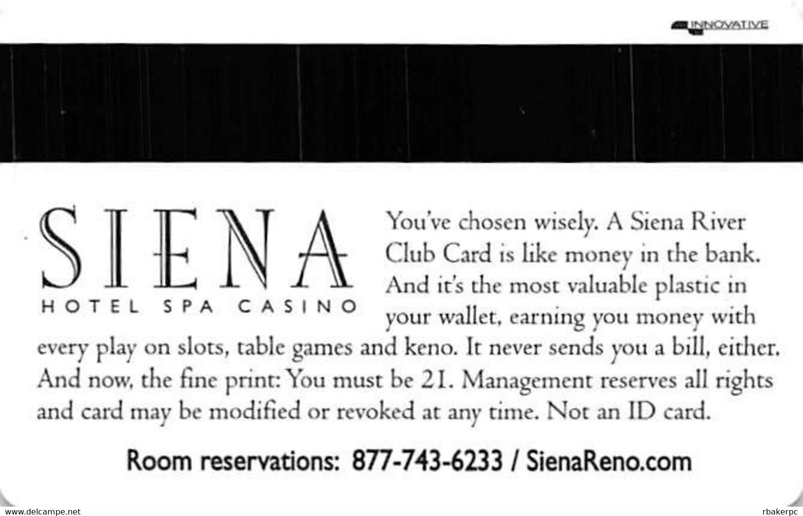 Siena Casino - Reno, NV USA - BLANK Slot Card With Innovative - Casino Cards