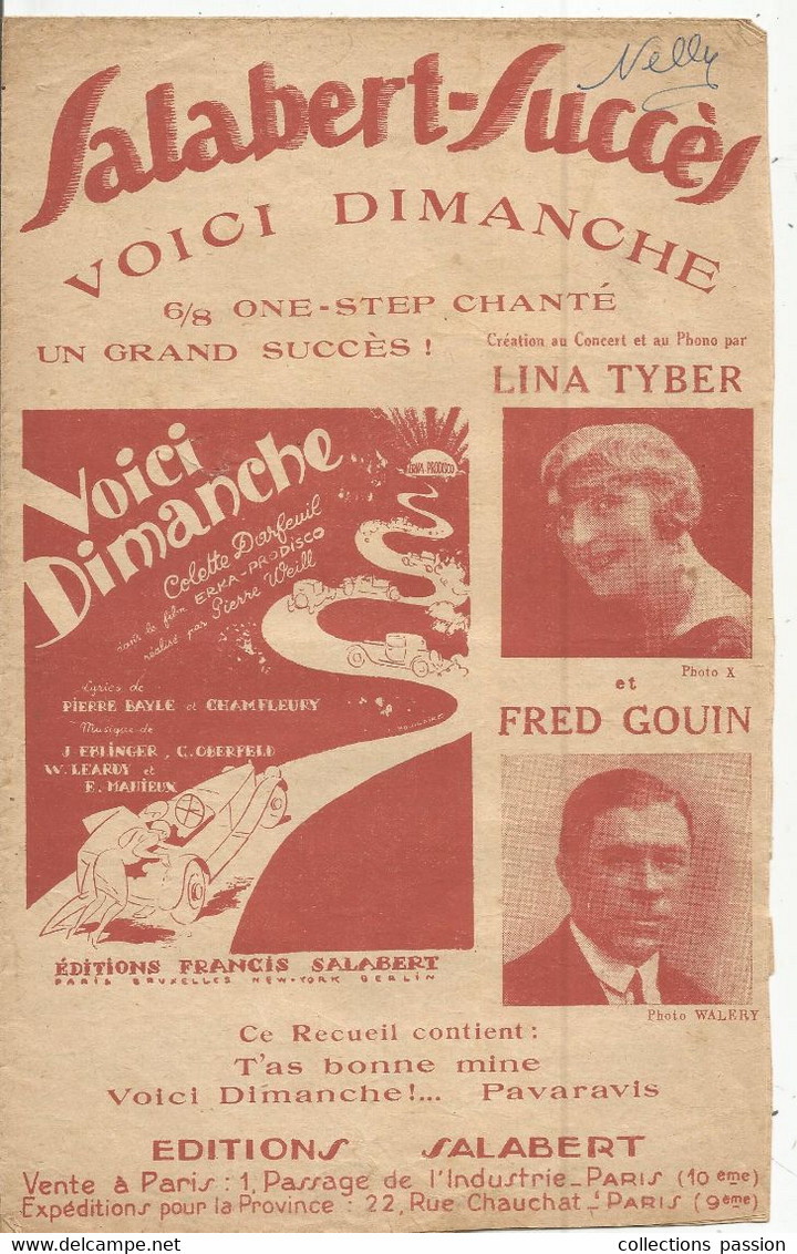 Partition Musicale Ancienne , VOICI DIMANCHE 6/8 One-step Chanté , Salabert ,Lina Tyber Et Fred Gouin, Frais Fr 1.85 E - Partitions Musicales Anciennes