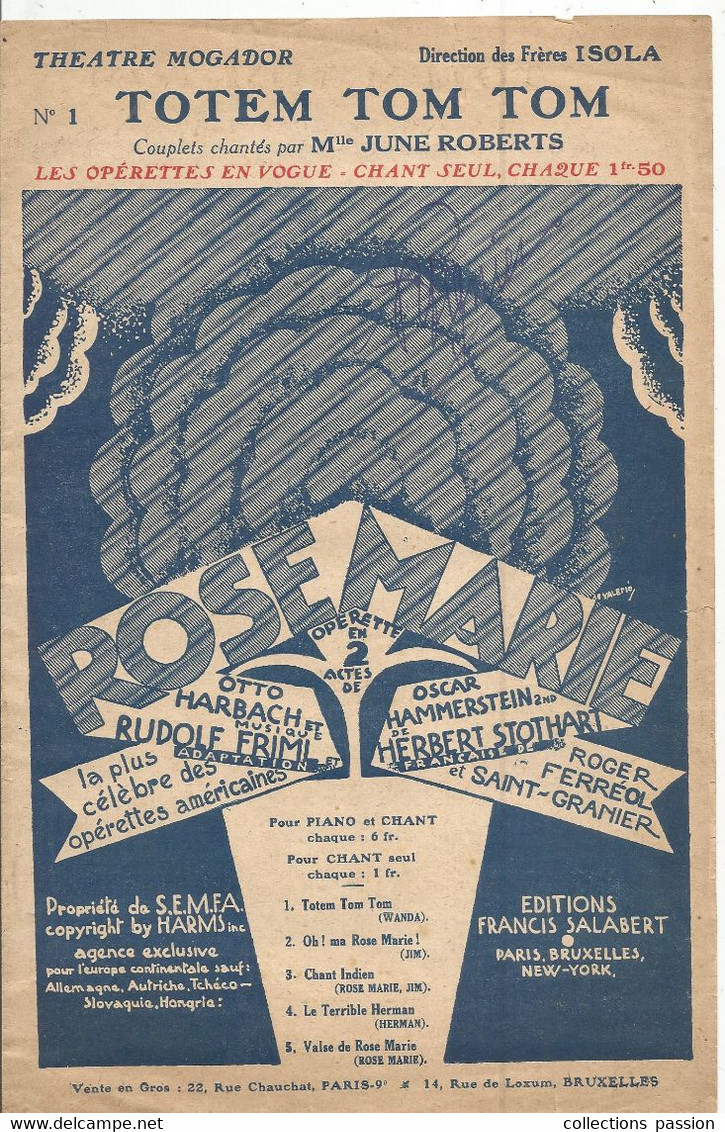 Partition Musicale Ancienne , TOTEM TOM TOM ,opérette ,théâtre Mogador, June Roberts, Frais Fr 1.85 E - Partitions Musicales Anciennes