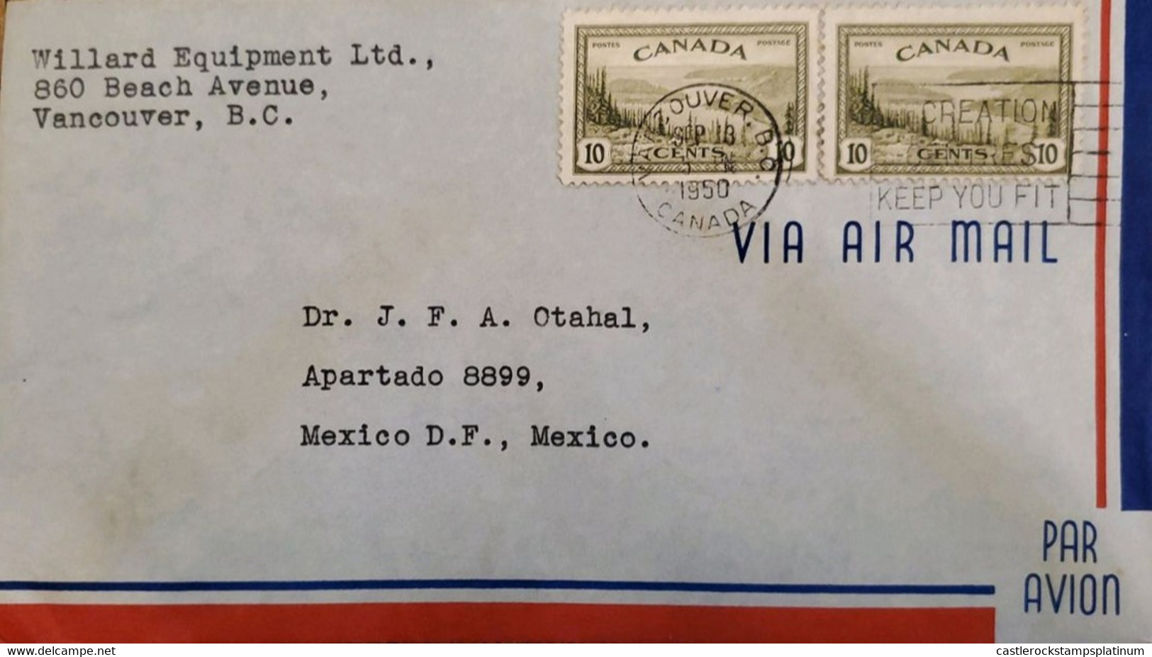 A) 1950, CANADA, GREAT BEAR LAKE, FROM VANCOUVER TO MEXICO, AIRMAIL, SLOGAN CANCELATION CREATION KEEP YOU FIT - Cartas & Documentos