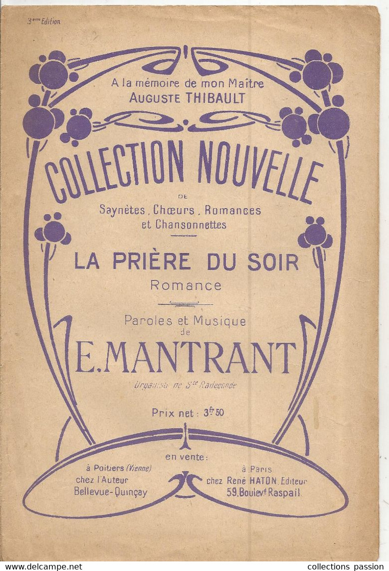 Partition Musicale Ancienne , LA PRIERE DU SOIR , Romance ,E. Mantrant ,5 Pages , Frais Fr 1.95 E - Partitions Musicales Anciennes