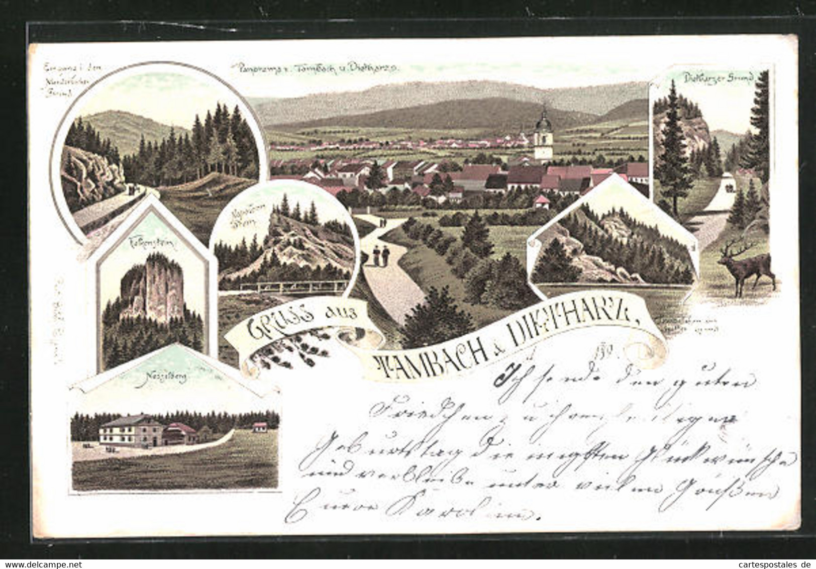 Lithographie Tambach-Dietharz, Panorama Der Stadt, Falkenstein, Napoleon-Stein - Tambach-Dietharz