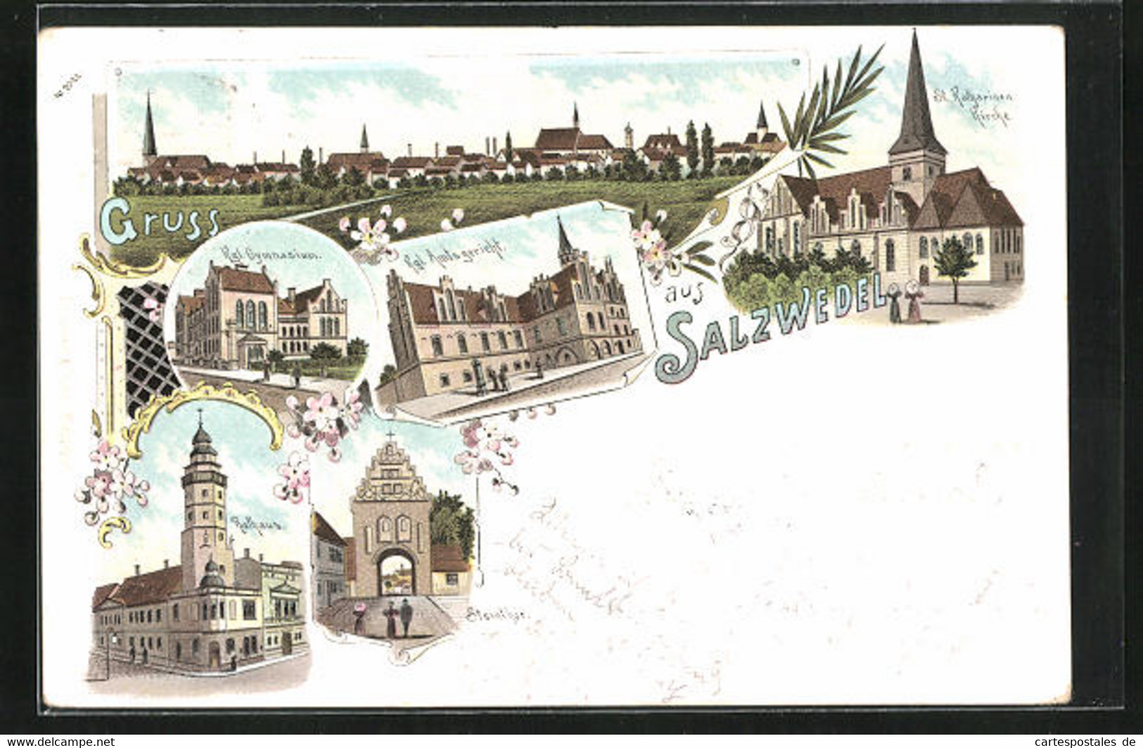 Lithographie Salzwedel, St. Katharinen Kirche, Kgl. Amtsgericht, Rathaus - Salzwedel