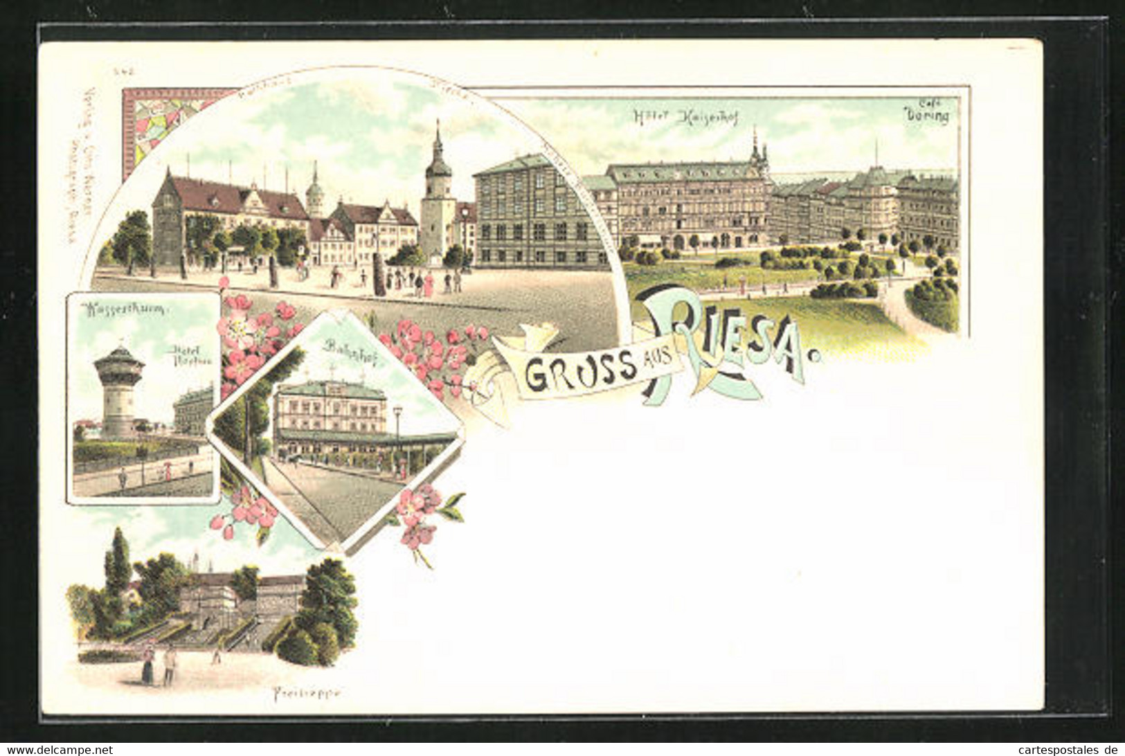 Lithographie Riesa, Hotel Kaiserhof Mit Café Döring, Hotel Höpfner Mit Wasserturm, Bahnhof - Riesa