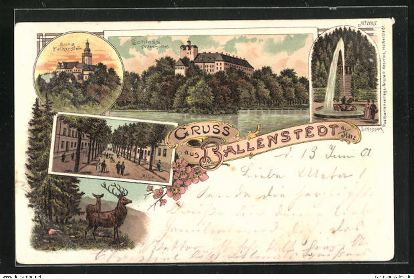 Lithographie Ballenstedt / Harz, Burg Falkenstein Im Dämmerungslicht, Schloss Von Der Westseite, Schlosspark Mit Font - Ballenstedt