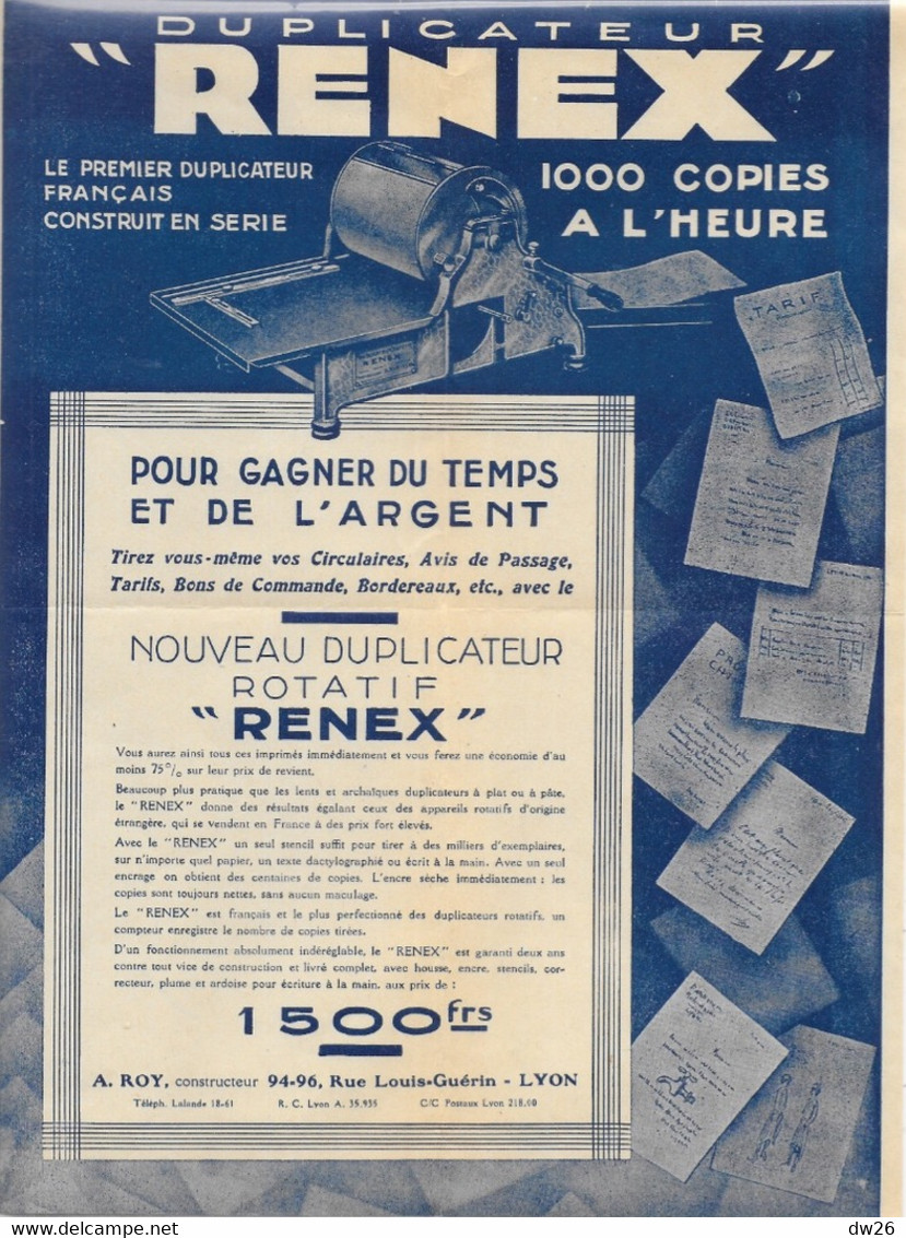 Matériel De Bureau - Publicité Duplicateur Rotatif Renex (à Stencil) - A. Roy Constructeur, Lyon - Notice + Courrier - Autres & Non Classés