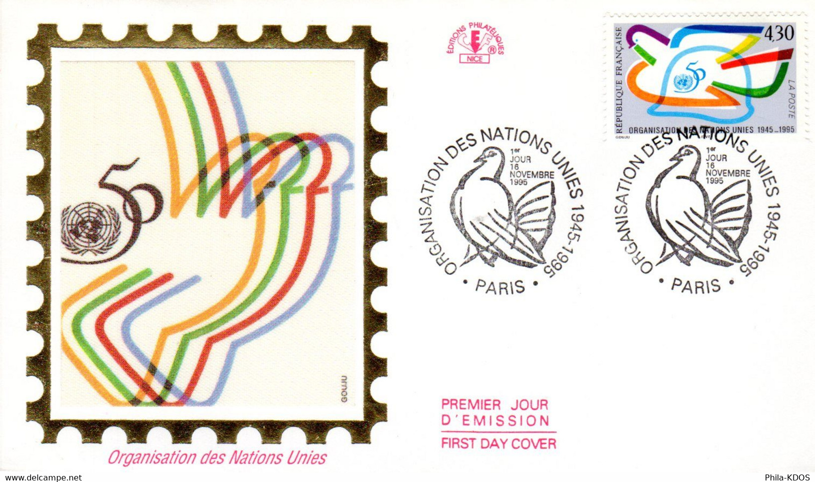 " 50 ANS DE L'ONU / COLOMBE " Sur Enveloppe 1er Jour Sur Soie De 1995. N° YT 2975. Parfait état FDC - Tauben & Flughühner