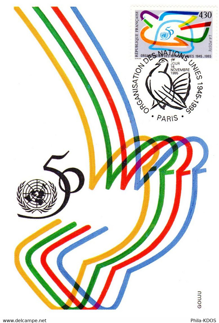 " 50 ANS DE L'ONU / COLOMBE " Sur Carte Maximum Sur Soie De 1995. N° YT 2975. Parfait état CM - Piccioni & Colombe