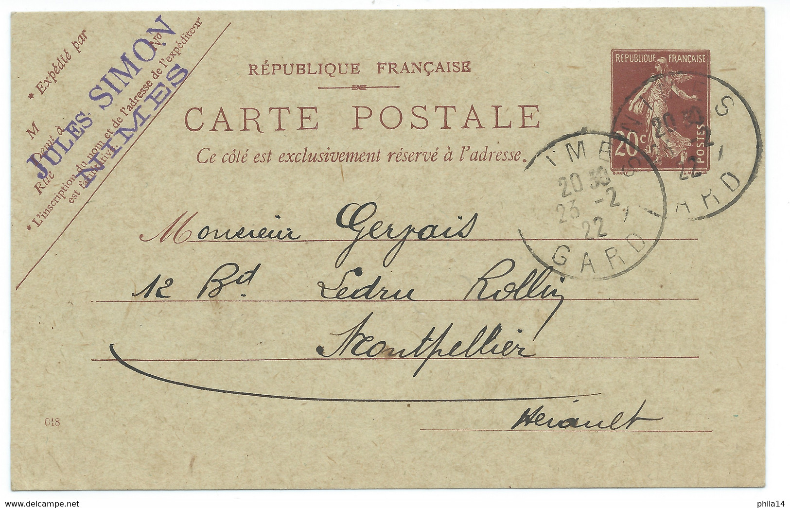 20c SEMEUSE SUR CARTE POSTALE 1922 NIMES POUR MONTPELLIER - 1921-1960: Periodo Moderno