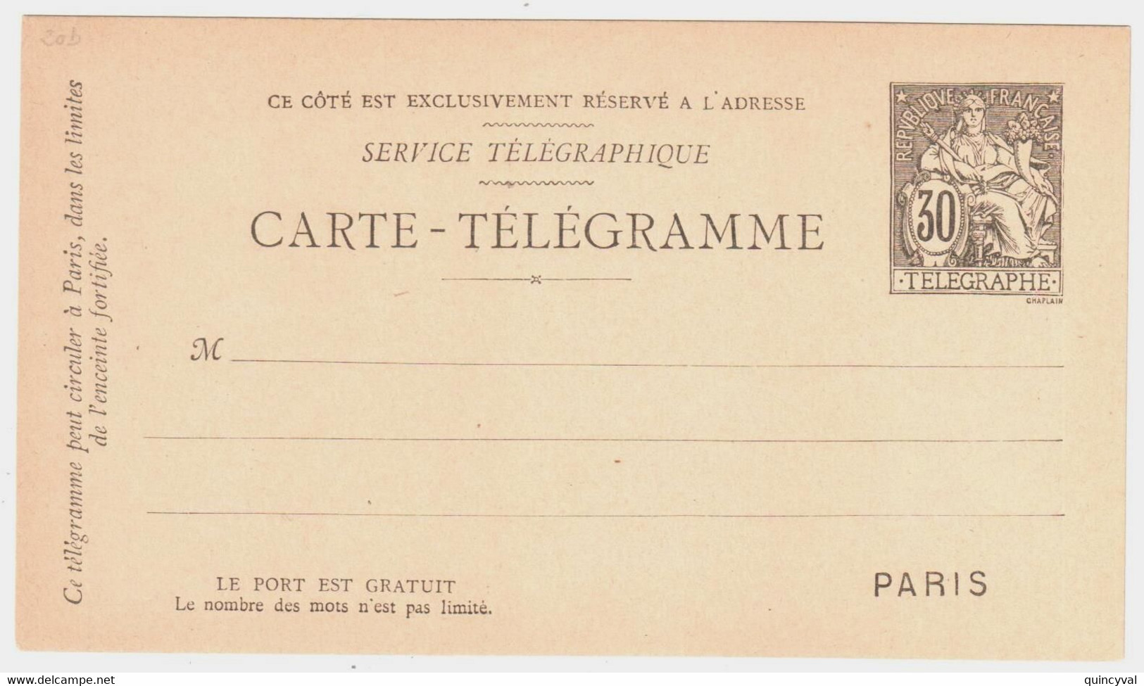 PARIS Carte Telégramme Entier Pneumatique Chaplain 30c Noir Storch B7 Yv 2511 - Rohrpost