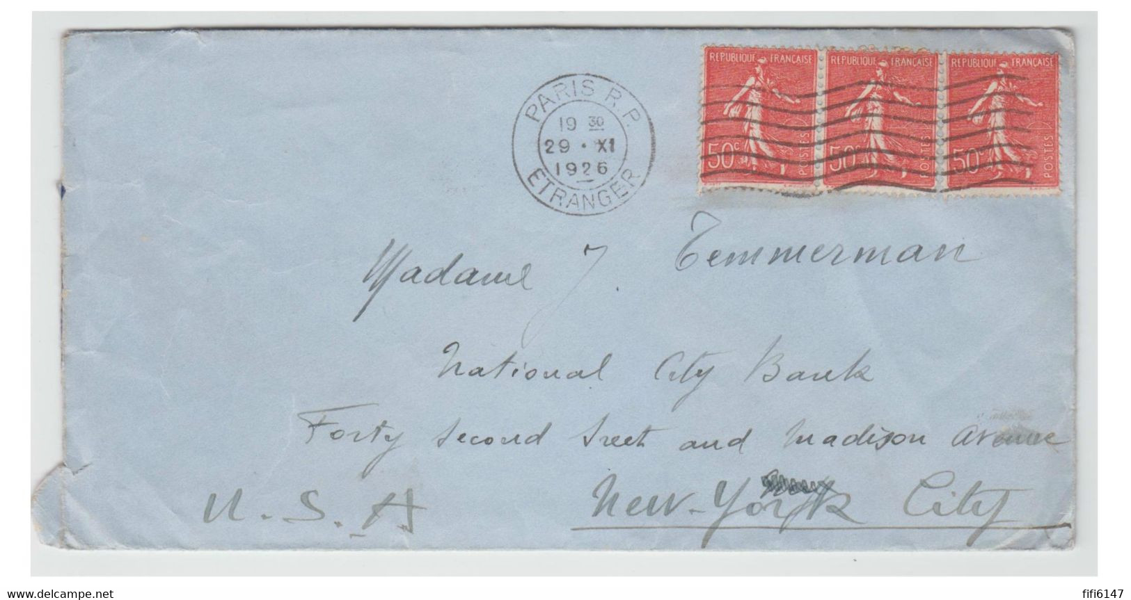 FRANCE --lettre De PARIS Pour NEW-YORK -- Lac -- Tà D " PARIS R.P. ETRANGER -29 XI 1926" --Pas De Marque à L'arrivée. - 1903-60 Säerin, Untergrund Schraffiert