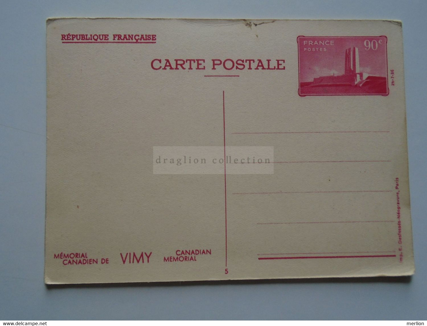 D179285 France, Entier Postal "Mémorial Canadien De Vimy" 90c. Rouge -1936 Postal Stationery Canadian Memorial -Canada - Standard Postcards & Stamped On Demand (before 1995)